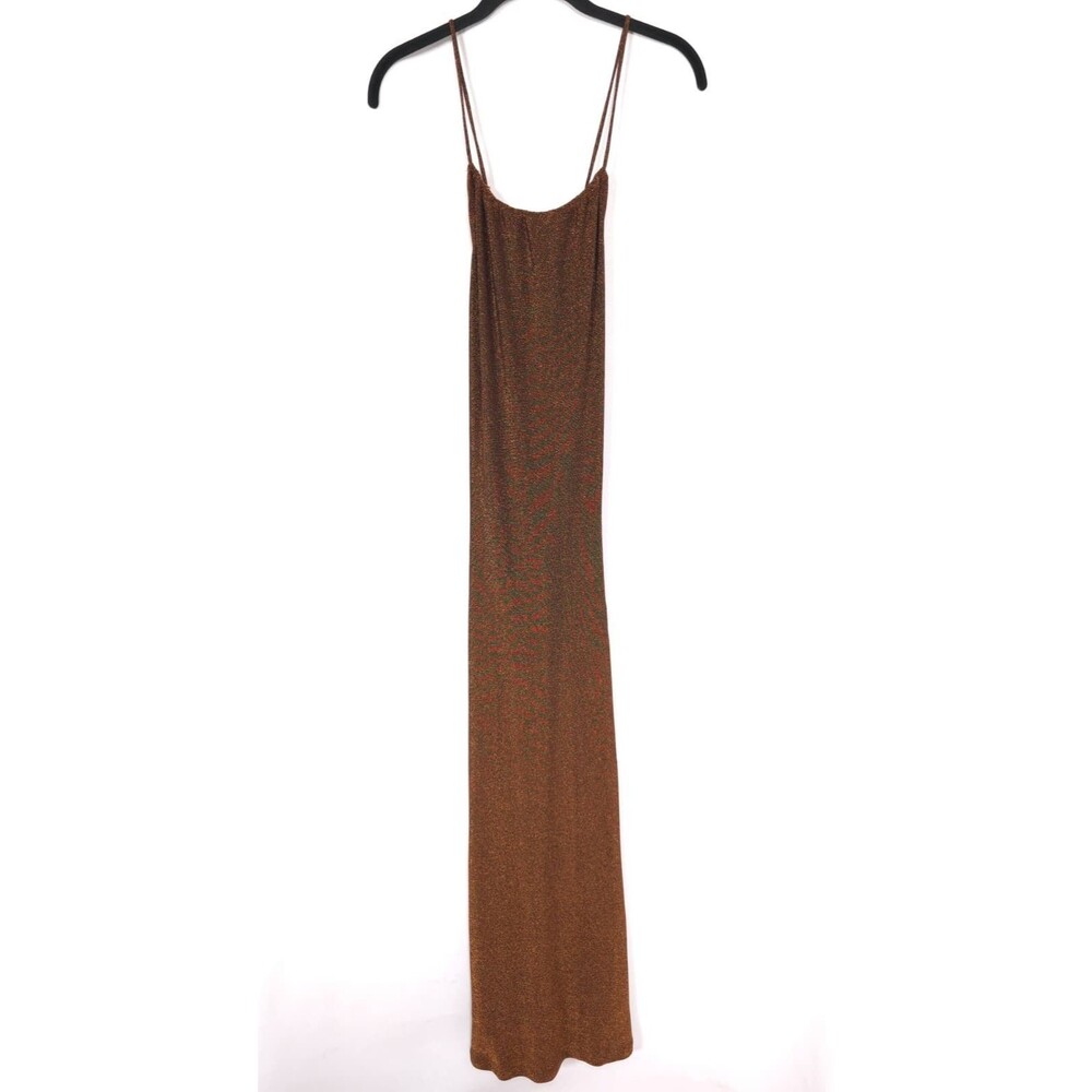 MISHA Womens Greta‎ Copper Maxi Dress SMALL Brown Metallic Open Back Bodycon